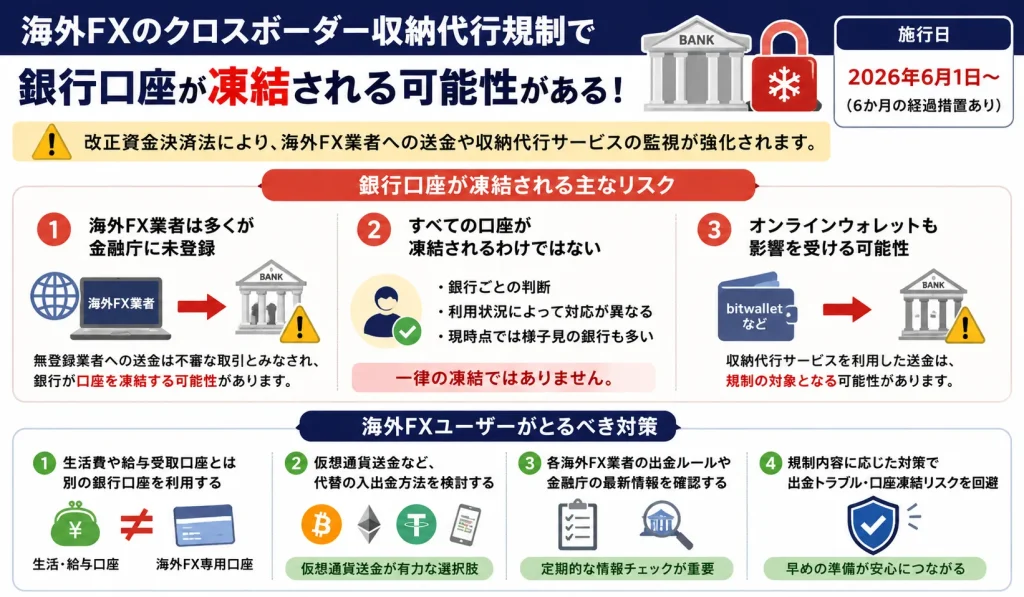 海外FXのクロスボーダー収納代行規制の影響で銀行口座が凍結される可能性がある