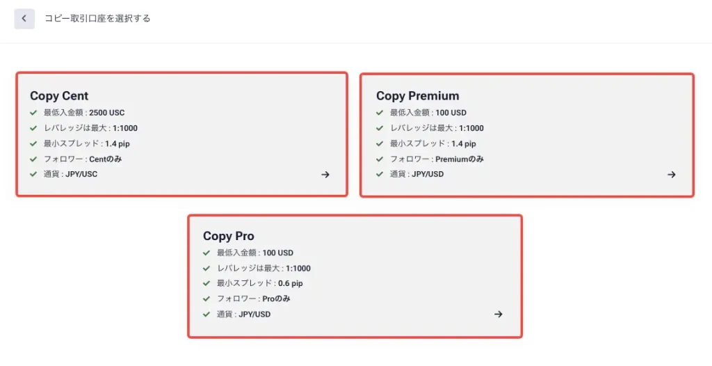 HFMのコピー口座は3種類(Copy Cent・Premium・Pro)から選ぶ